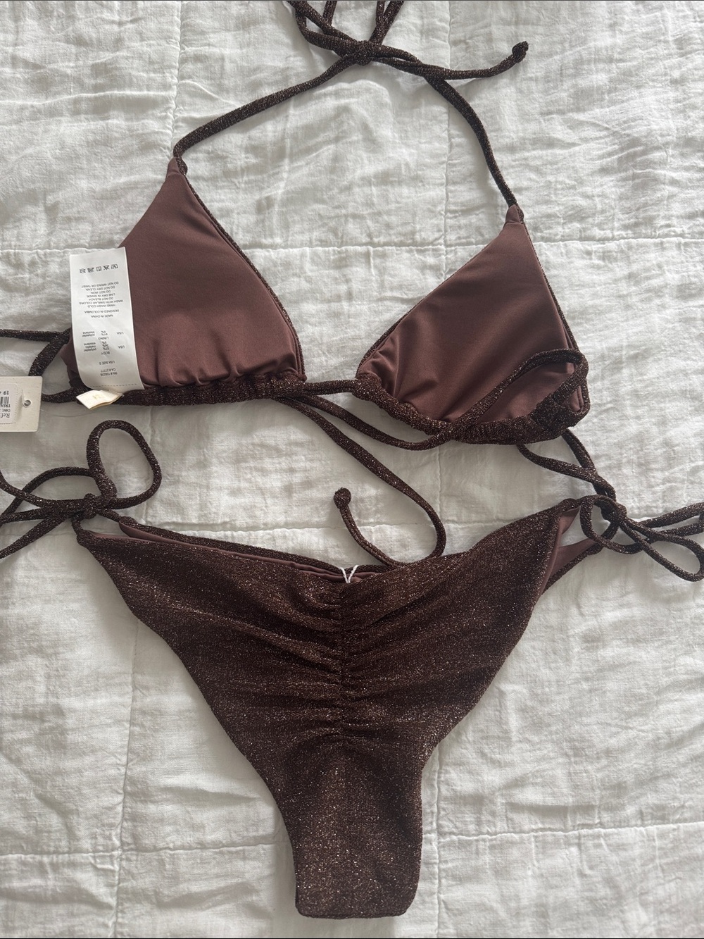 Shimmer Brown Sparkle Triangle Bikini Top & Tie-Side Bottoms - Picture 2 of 5